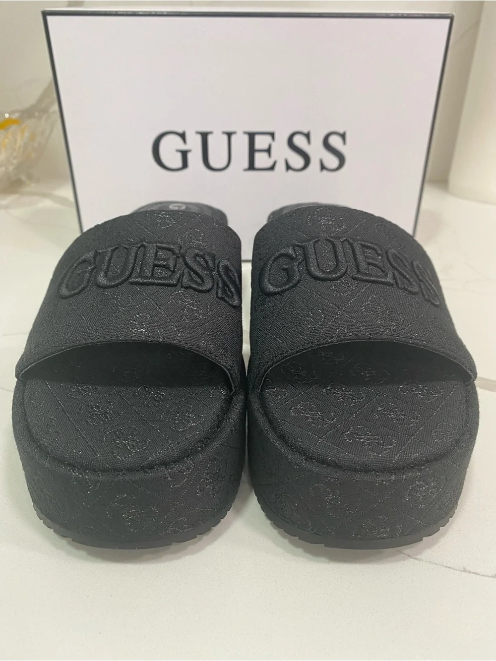 GUESS Black Embossed Logo Platform Slide Sandals